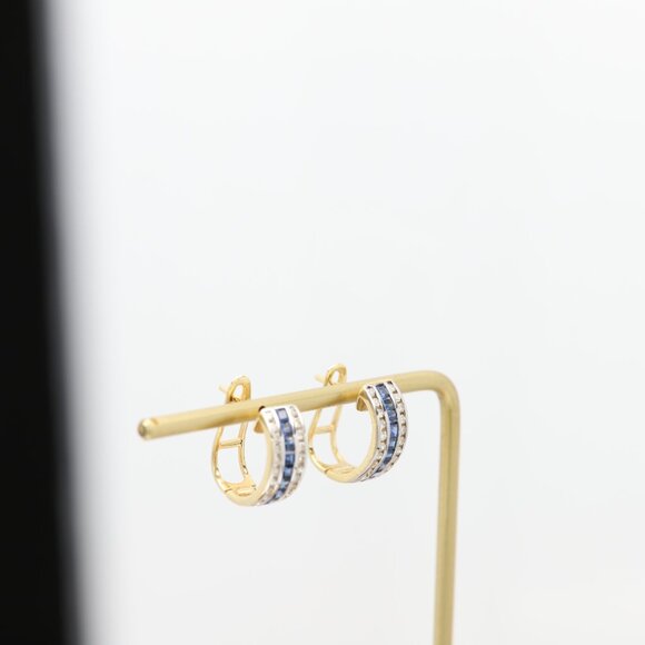 14k Gold Huggie Earrings with Natural Blue Sapphire and Diamonds - Picture 6 of 6